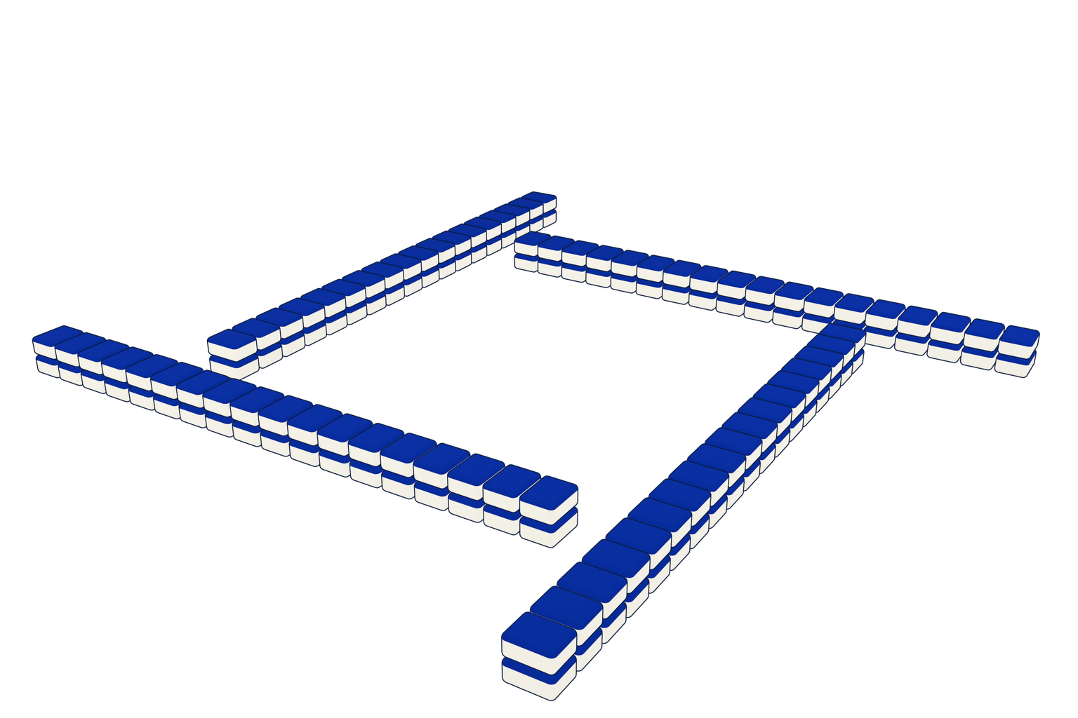 Four slightly offset Mahjong walls, each made from eighteen stacks of two face-down tiles.